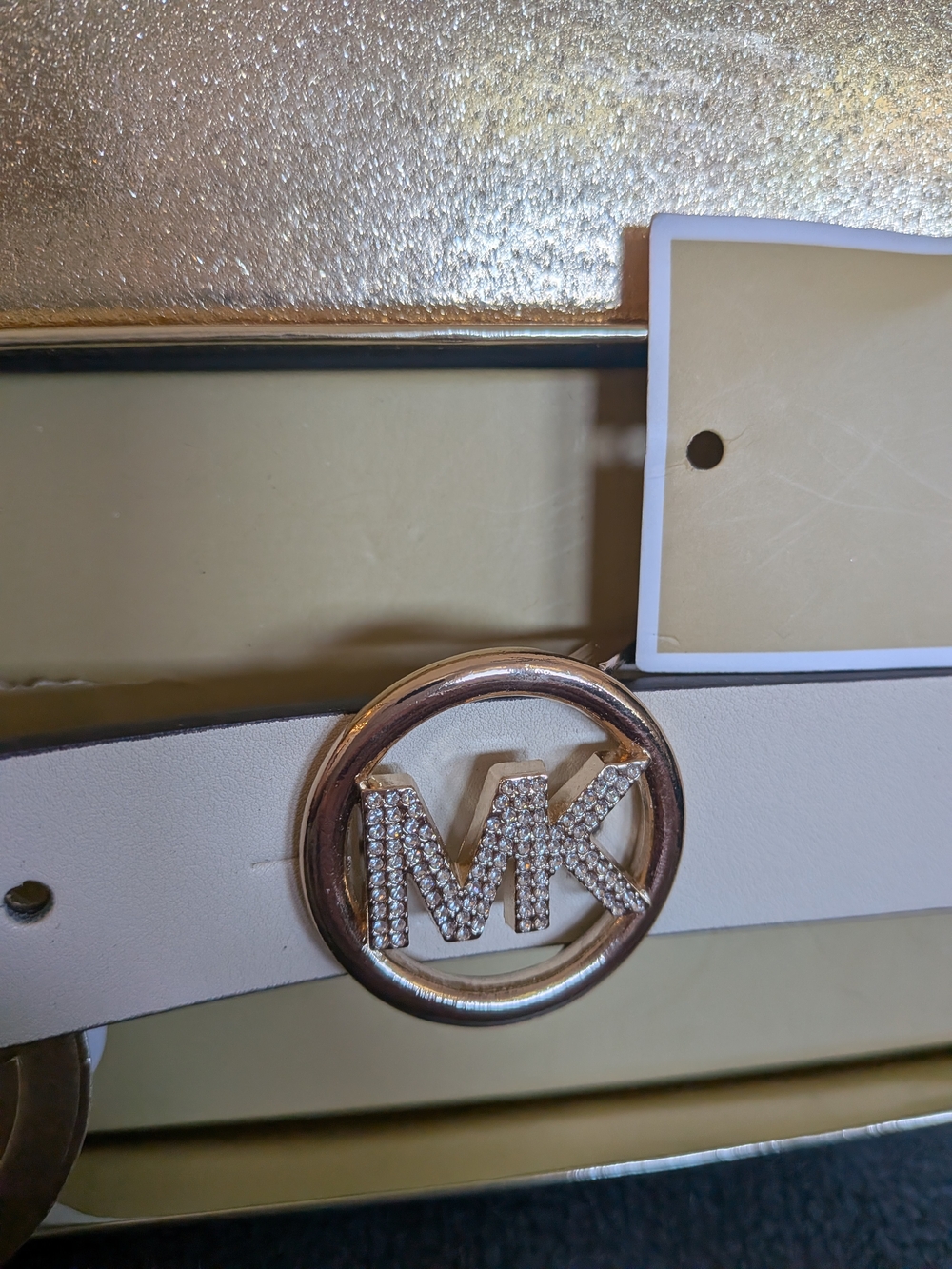 NIB Michael Kors Women's White Leather MK Logo Belt - Gold Buckle - Picture 5 of 12